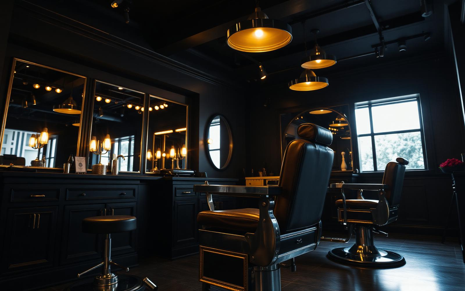Dark luxury barber shop interior in Turku